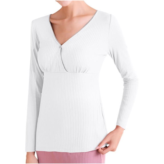 Women Long Sleeve Maternity Shirts V Neck Ruched Sides Ribbed Knit Pregnancy Tee Tunics Tops White L
