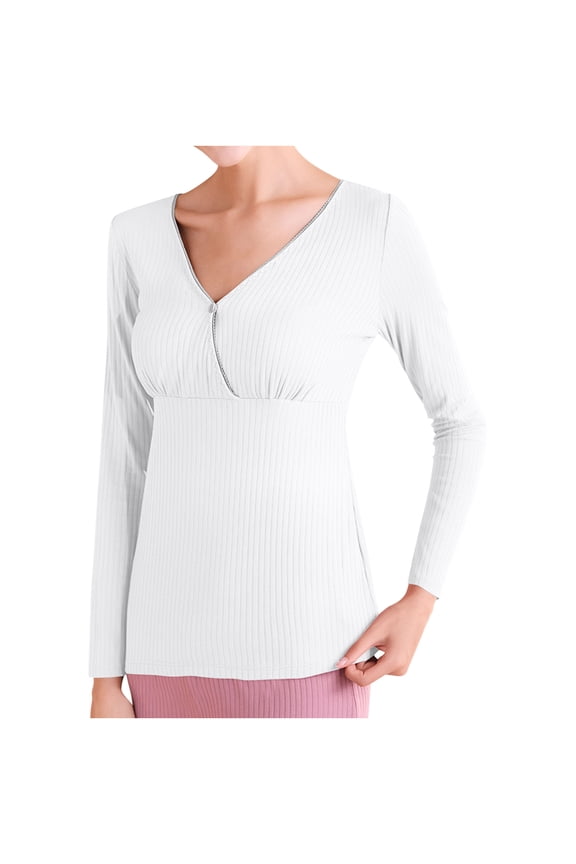 Women Long Sleeve Maternity Shirts V Neck Ruched Sides Ribbed Knit Pregnancy Tee Tunics Tops White M