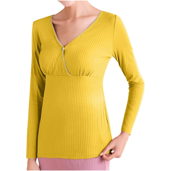 Women Long Sleeve Maternity Shirts V Neck Ruched Sides Ribbed Knit Pregnancy Tee Tunics Tops Yellow XXXL