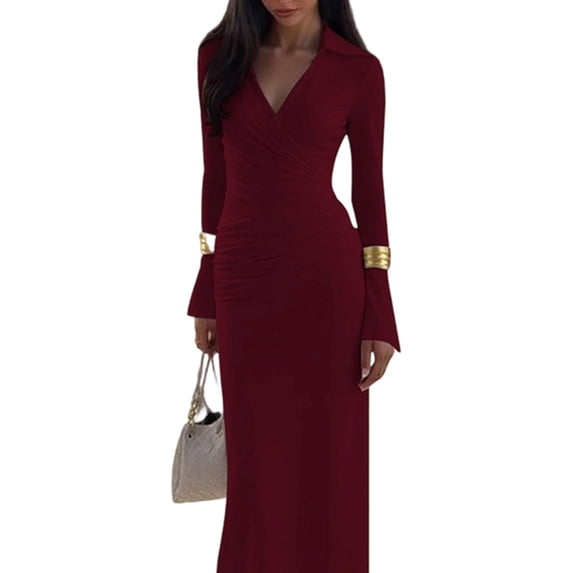 Women Long Sleeve Maxi Dress Deep V Neck Ruched Bodycon Elegant Semi Formal Wedding Guest Dresses Wine Red S