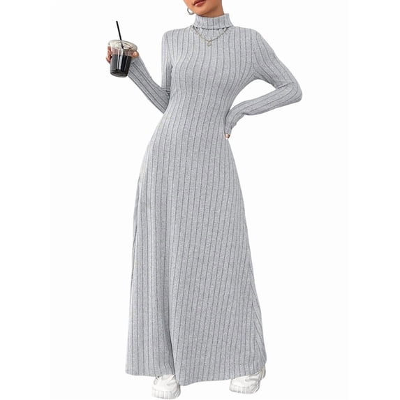 Women Long Sleeve Maxi Dress Fall Winter Casual Turtle Neck Ribbed Knit Bodycon Going Out Dresses Light Gray XS