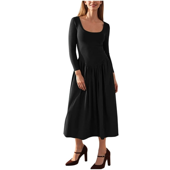 Women Long Sleeve Maxi Dress Scoop Neck Elegant A Line Flowy Dress Casual Slim Fit Fall Winter Dresses