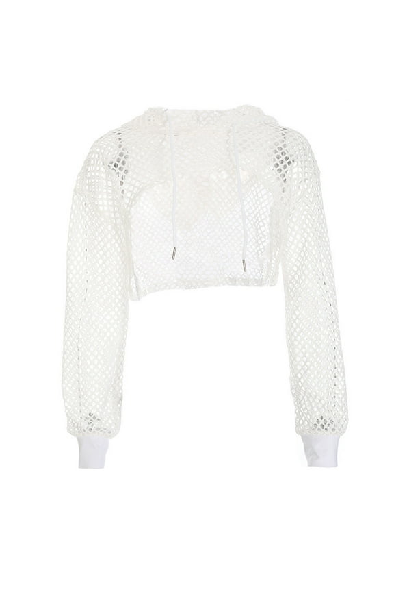 Women Long Sleeve Mesh Fishnet Hoodie Crop Top Neon Solid Color Hollow Out Drawstring Sweatshirt Pullover Cover Up Shrug