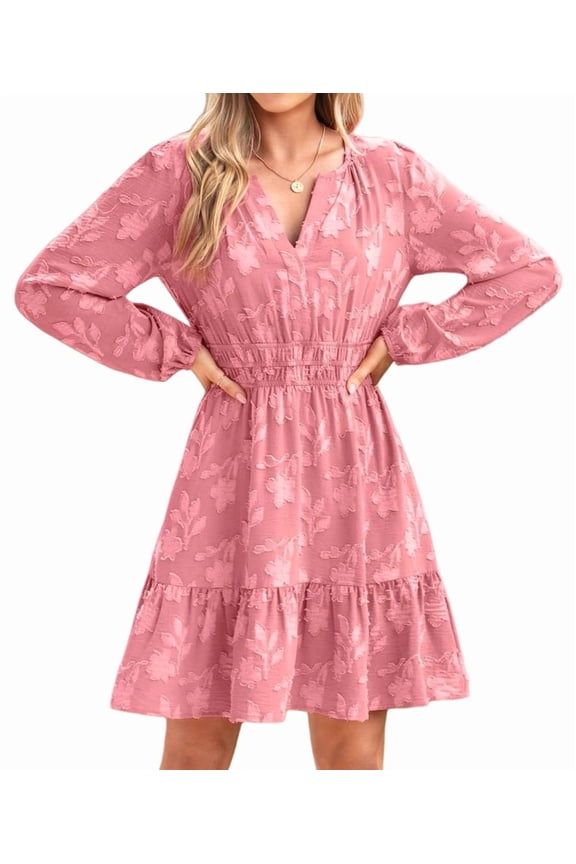 Women Long Sleeve Mini Dress Casual A Line Flowy Loose Vacation Party Babydoll Fall Short Dresses with Pocket Pink S