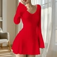thumbnail image 1 of Women Long Sleeve Mini Dress Summer V Neck Casual Flare Ribbed Knit A-Line Short Sweater Dresses Women Casual Dresses Red M, 1 of 5