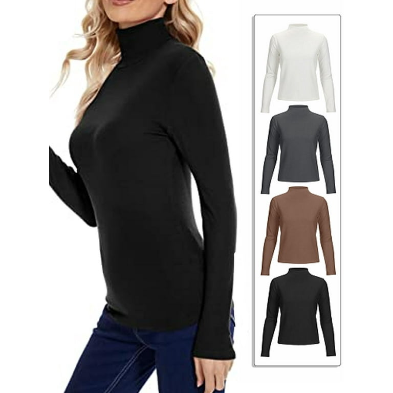 Women Long Sleeve Mock Neck Shirt Seamless Stretch Turtleneck Top Slim  Fitted Base Layer (Black,L)