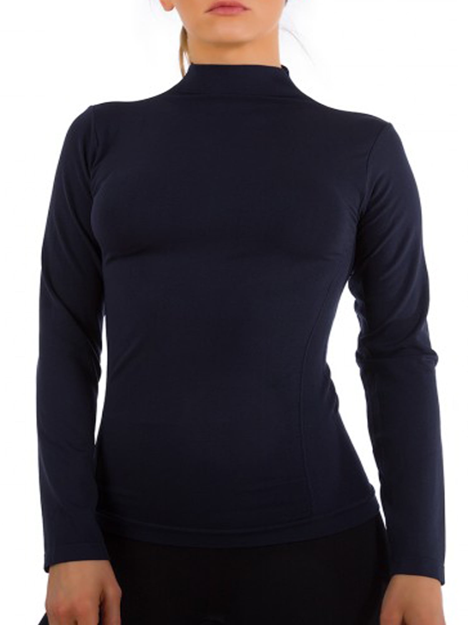 Women Long Sleeve Mock Neck Shirt Seamless Stretch Turtleneck Top