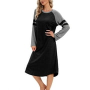 WBQ Women Long Sleeve Nightgown Loose Fit Sleepshirt Spring Fall Calf-Length Soft House Dress Round Neck Comfy Sleepwear Loungewear, Black S-3XL