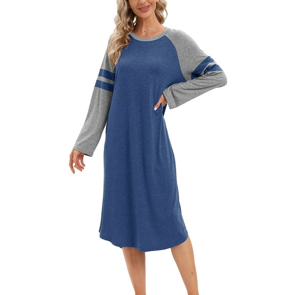 Women Long Sleeve Nightgown Loose Fit Sleepshirt Spring Fall Calf-Length Soft House Dress Round Neck Comfy Sleepwear Loungewear, Blue S-3XL