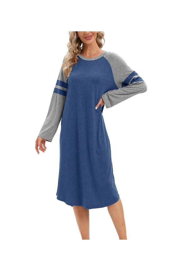 Women Long Sleeve Nightgown Loose Fit Sleepshirt Spring Fall Calf-Length Soft House Dress Round Neck Comfy Sleepwear Loungewear, Blue S-3XL