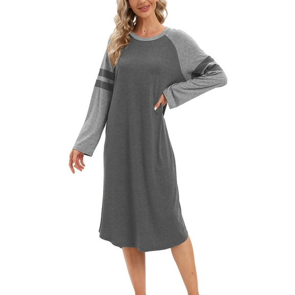 Women Long Sleeve Nightgown Loose Fit Sleepshirt Spring Fall Calf-Length Soft House Dress Round Neck Comfy Sleepwear Loungewear, Gray S-3XL