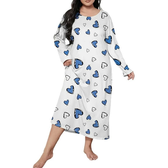 Women Long Sleeve Nightgown Print Pajamas Drop Shoulder Oversized Loose Fit Casual Long Sleepwear Night Dress