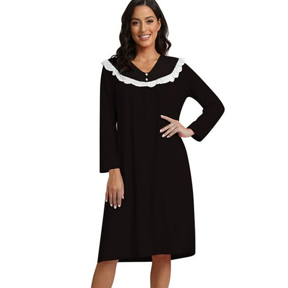 Women Long Sleeve Nightgown Vintage Vitorian Night Gowns V Neck Lace Old Fashioned Sleepwear Fall Winter Sleepwear House Dresses, Black S-2XL