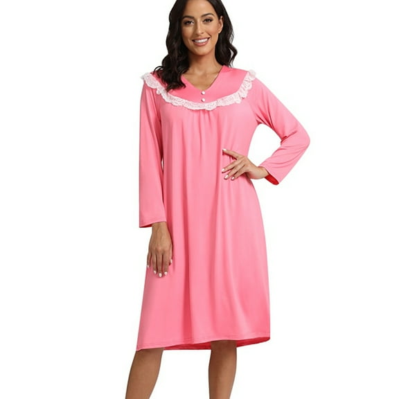 Women Long Sleeve Nightgown Vintage Vitorian Night Gowns V Neck Lace Old Fashioned Sleepwear Fall Winter Sleepwear House Dresses, Pink S-2XL