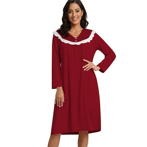 Women Long Sleeve Nightgown Vintage Vitorian Night Gowns V Neck Lace Old Fashioned Sleepwear Fall Winter Sleepwear House Dresses, Red S-2XL
