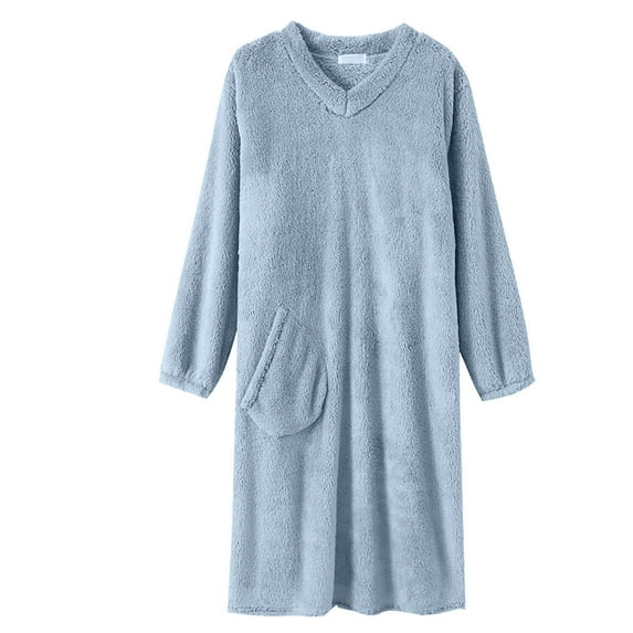 Women Long Sleeve Nightgown with Pocket Cozy Fleece Sleep Shirt Warm Fuzzy Night Shirt Pullover Sleepwear Sweatshirt Dress