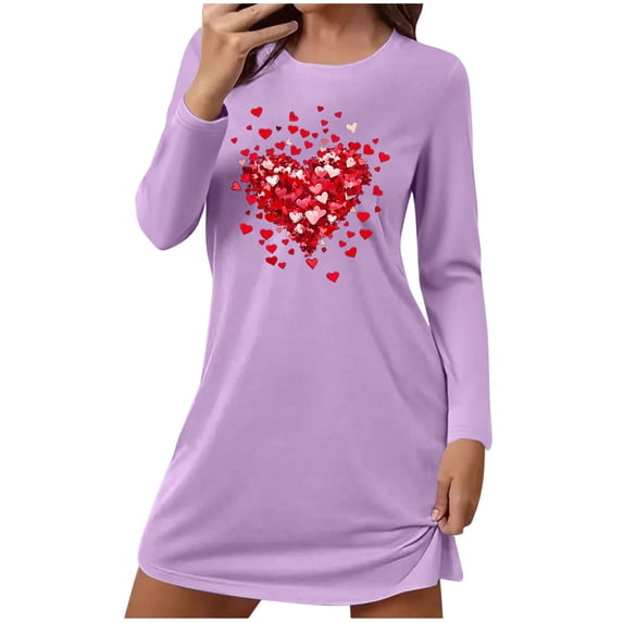 Women Long Sleeve Nightgowns Cute Heart Print Round Neck Mini Nightshirts Valentine's Day Sleepwears
