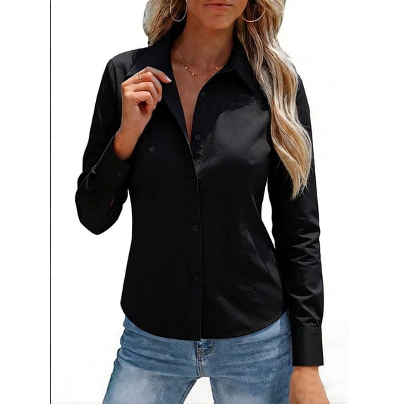 Women Long‑Sleeve Non‑Sheer Button‑Down Work Blouse, Breathable Business‑Casual Office Daily Tops