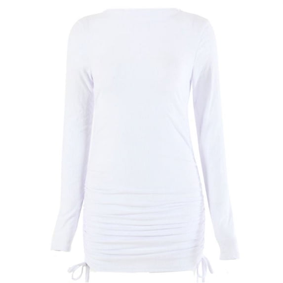 Women Long Sleeve O-Neck Solid Color Ruched Drawstring Ribbed Bodycon Mini Dress