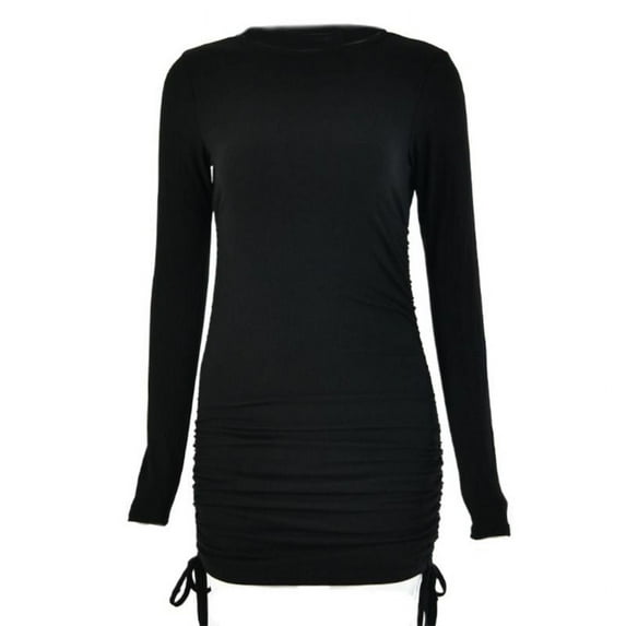 Women Long Sleeve O-Neck Solid Color Ruched Drawstring Ribbed Bodycon Mini Dress