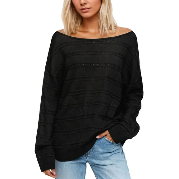 Women Long Sleeve Off Shoulder Pullover Sweater Loose Fit Black Sweater Warm Womens Fuzzy Sweater