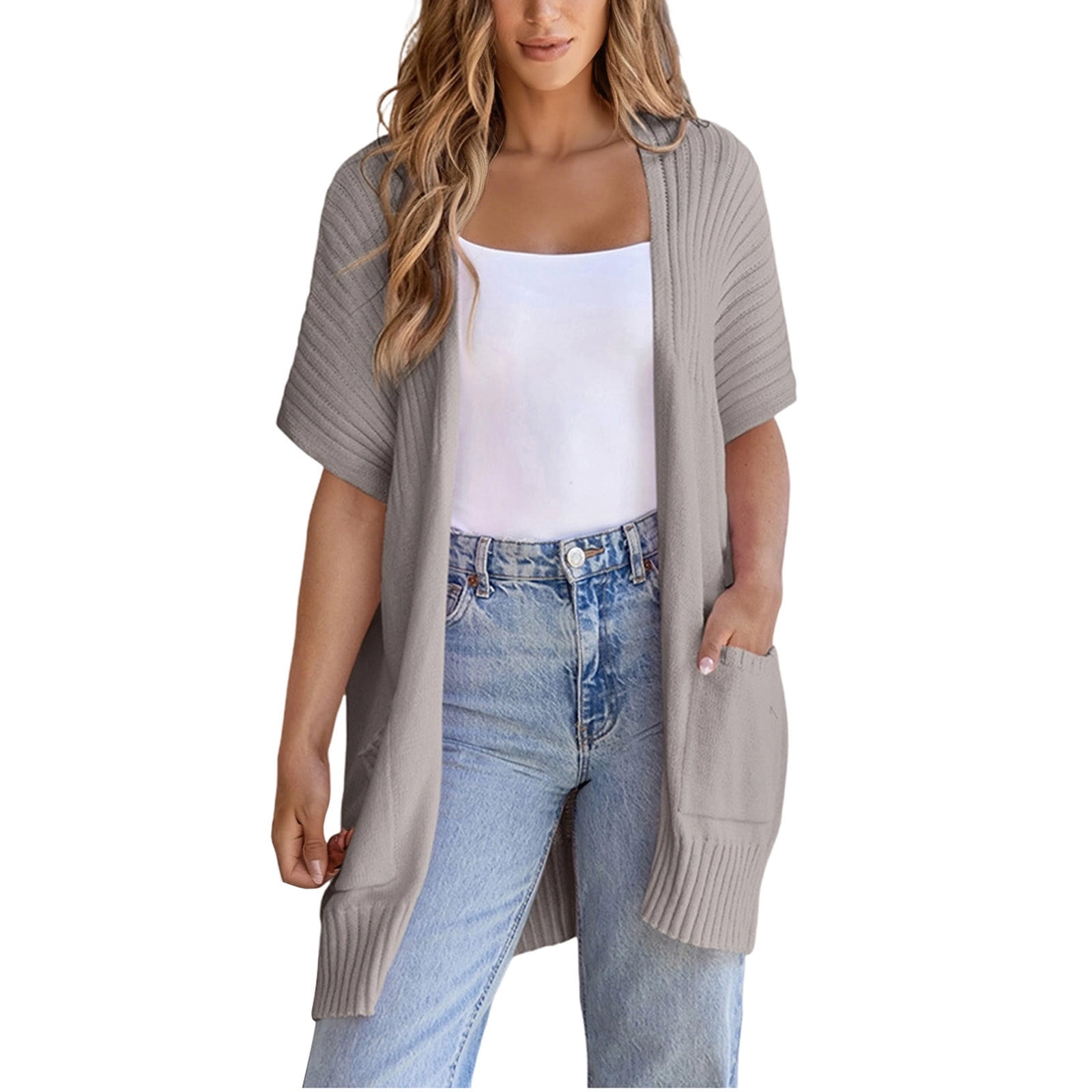 Women Long Sleeve Open Front Cardigan Casual Lightweight Cardigans Loose Knit Outwear with Pockets