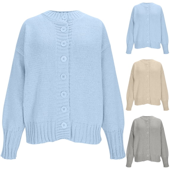 Women Long Sleeve Open Front Cardigan Women's Solid Color Long Sleeve Button-Up Knit Cardigan Sweater Jacket Beige M