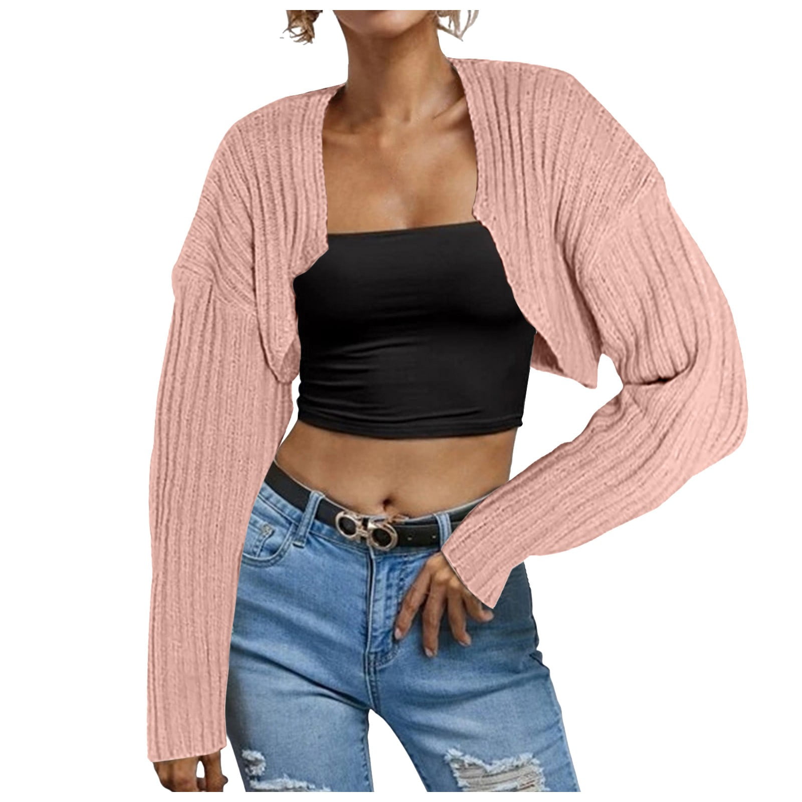 Women Long Sleeve Open Front Ribbed Knit Crop Cardigan Solid Loose Drop Shoulder Bolero Crop Sweater Top Plus Size Dresses for Curvy Women Walmart