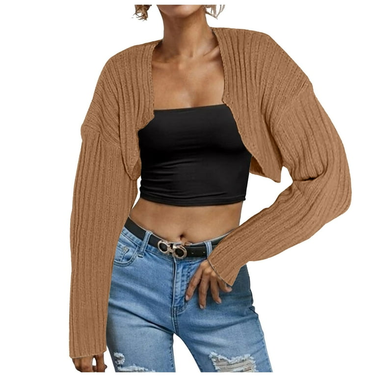 Women Long Sleeve Open Front Ribbed Knit Crop Cardigan Solid Loose Drop Shoulder Bolero Crop Sweater Top Walmart