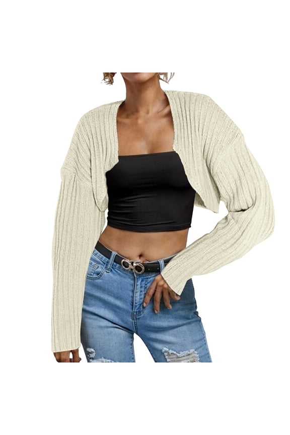 Women Long Sleeve Open Front Ribbed Knit Crop Cardigan Solid Loose Drop Shoulder Crop Sweater Top Womens Open Front Sweaters Open Front Drape Sleeveless Cardigans for Women Lightweight Open