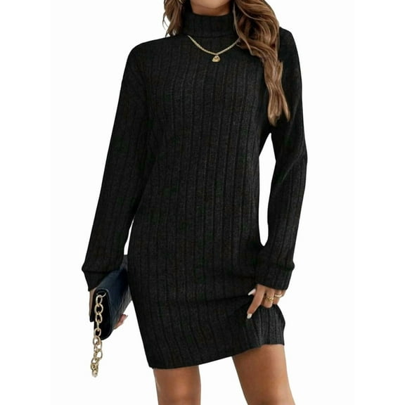 Women Long Sleeve Oversize Turtle-Neck Sweater Dress Cable Knit Short Dresses Vacation Winter Clothes Black S