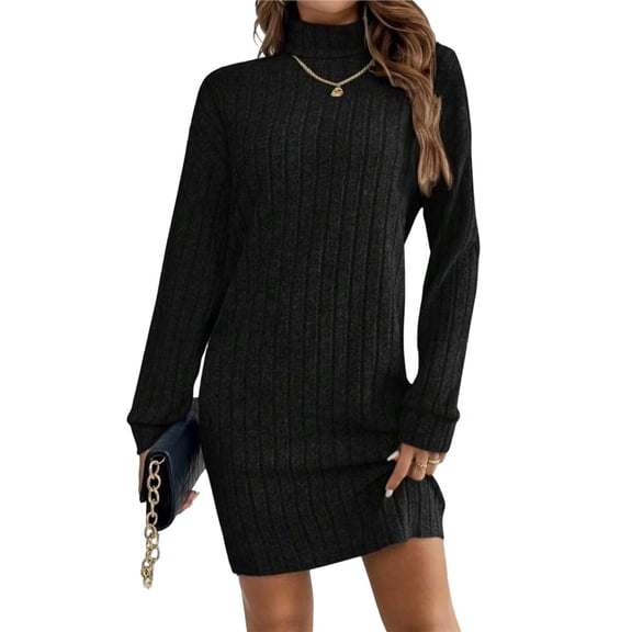 Women Long Sleeve Oversize Turtle-Neck Sweater Dress Cable Knit Short Dresses Vacation Winter Clothes Black S