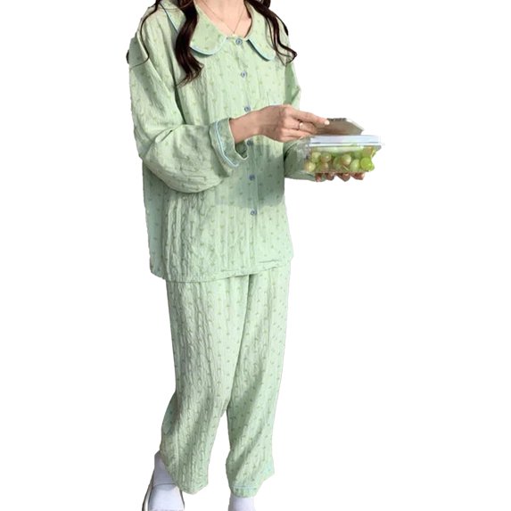 Women Long Sleeve Pajama Set Sweet Small Green Heart Print 2 Piece Sleepwear Set for Autumn Winter Green M
