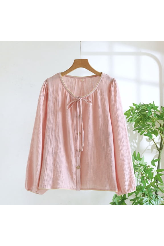 Women Long Sleeve Pajama Tops Button Down Shirts Crewneck Lace Up Cute Blouses