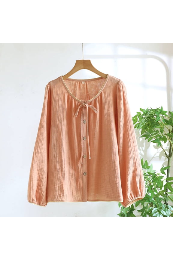 Women Long Sleeve Pajama Tops Button Down Shirts Crewneck Lace Up Cute Blouses