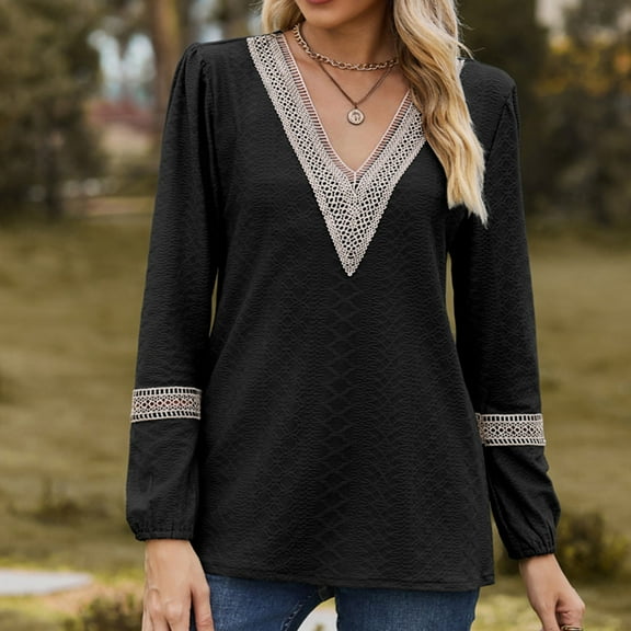 Women Long Sleeve Peplum Tunic Shirts Floral/Solid V Neck Babydoll Flowy Blouse Tops Black M