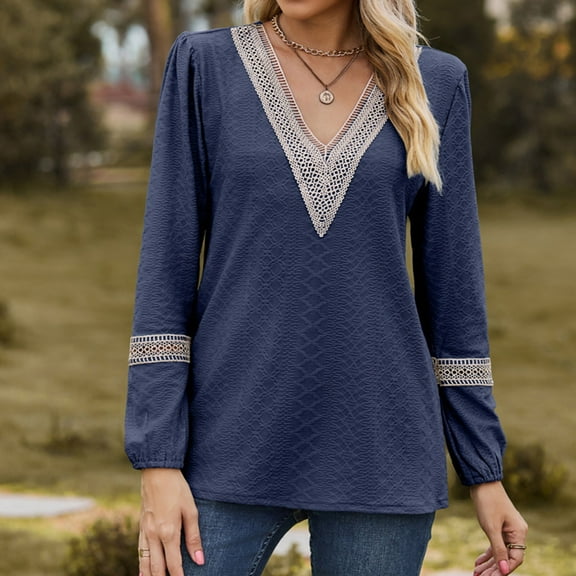 Women Long Sleeve Peplum Tunic Shirts Floral/Solid V Neck Babydoll Flowy Blouse Tops Navy S