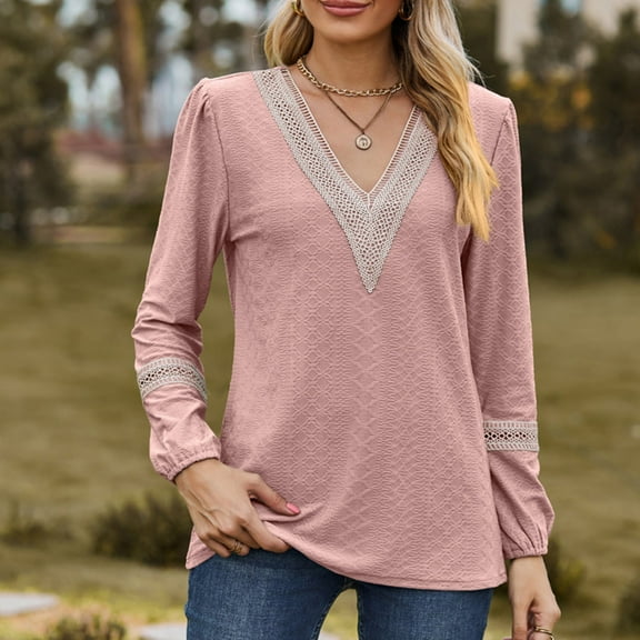 Women Long Sleeve Peplum Tunic Shirts Floral/Solid V Neck Babydoll Flowy Blouse Tops Pink M