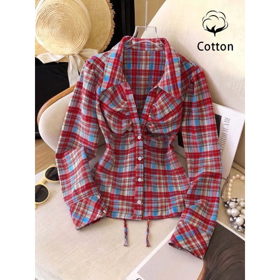 Women Long Sleeve Plaid Blouse, Collared Drawstring Ruched Slim Shirt for Spring Daily Outfits