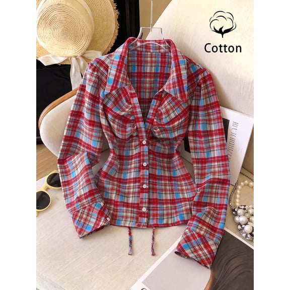 Women Long Sleeve Plaid Blouse, Collared Drawstring Ruched Slim Shirt for Spring Daily Outfits