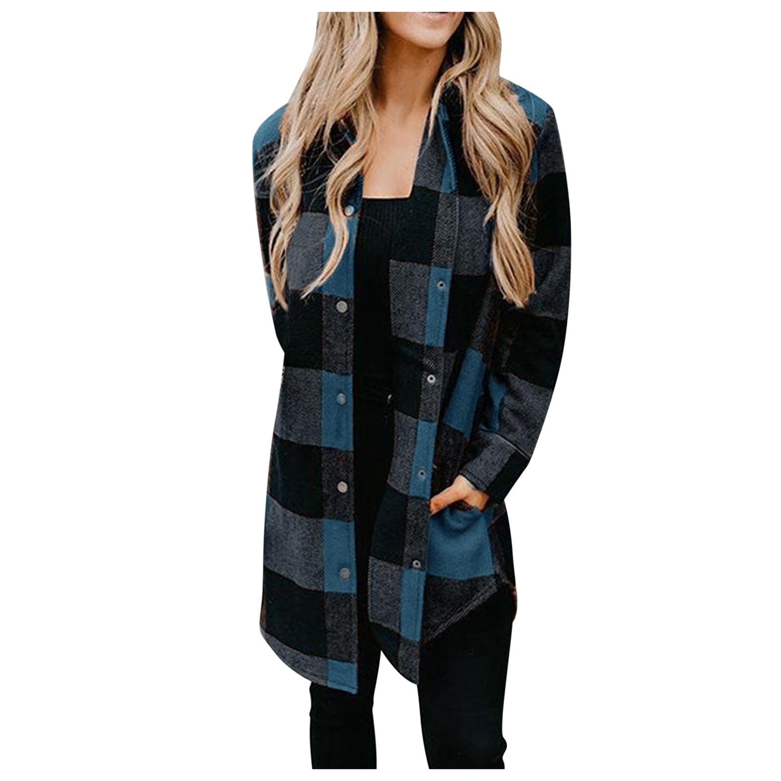 Women Long Sleeve Plaid Print Button Open Front Long Cardigan Outerwear Casual Cardigan Coat Lightweight for Fall Winter
