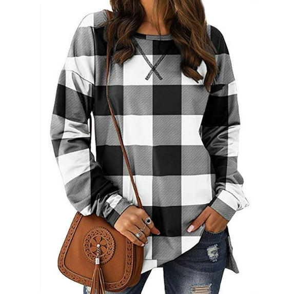 Women Long Sleeve Plaid Printed Split Hem Top