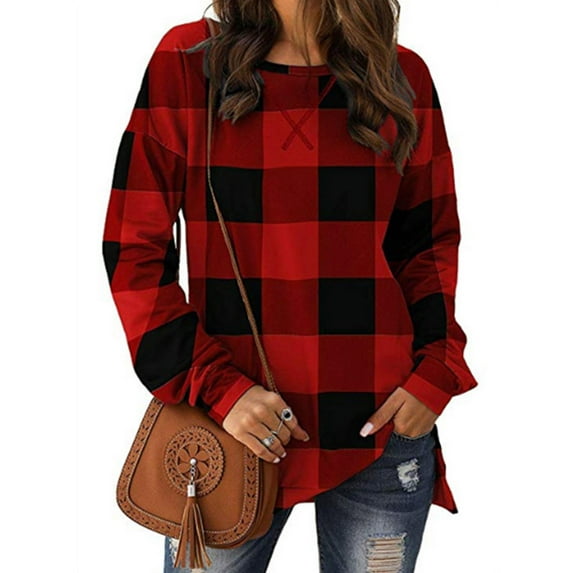 Women Long Sleeve Plaid Printed Split Hem Top