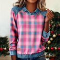 thumbnail image 1 of Women Long Sleeve Plaid Shirts Denim Collar Patchwork Stitching Sweatshirt Casual Tops, S, 1 of 4