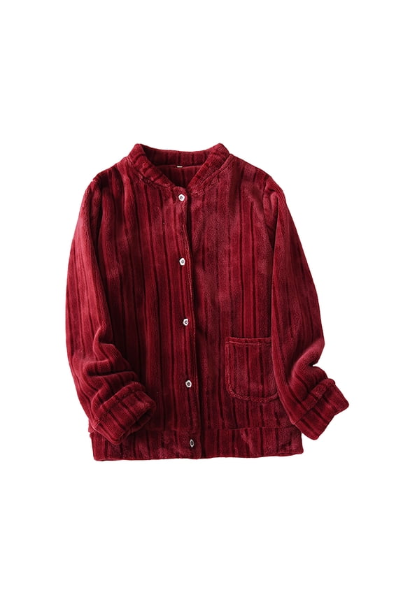 Women Long Sleeve Plush Jacket Fuzzy Fleece Pajama Tops Stand Collar Button Down Sleepwear Warm Winter Coat