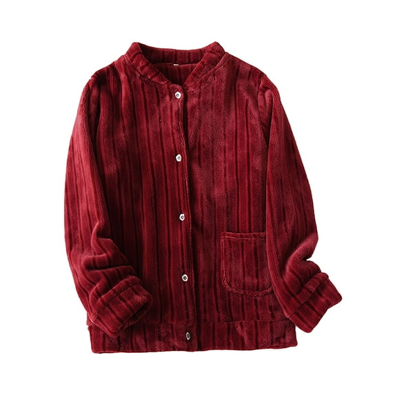 Women Long Sleeve Plush Jacket Fuzzy Fleece Pajama Tops Stand Collar Button Down Sleepwear Warm Winter Coat