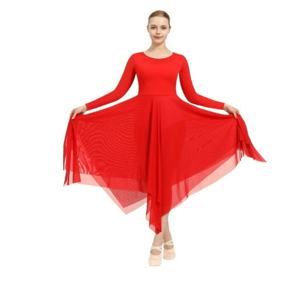 Women Long Sleeve Praise Dance Loose Fit Liturgical Worship Costume With Double Layered Irregular Skirt Dresses