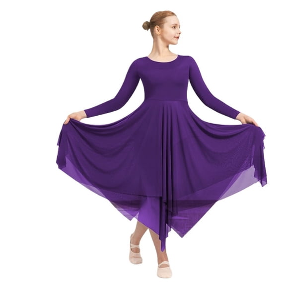 Women Long Sleeve Praise Dance Loose Fit Liturgical Worship Costume With Double Layered Irregular Skirt Dresses