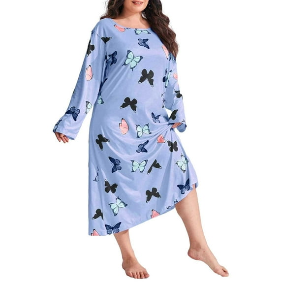 Women Long Sleeve Print Sleepdress Shoulder Drop Oversize Casual Long Sleepwear Dress