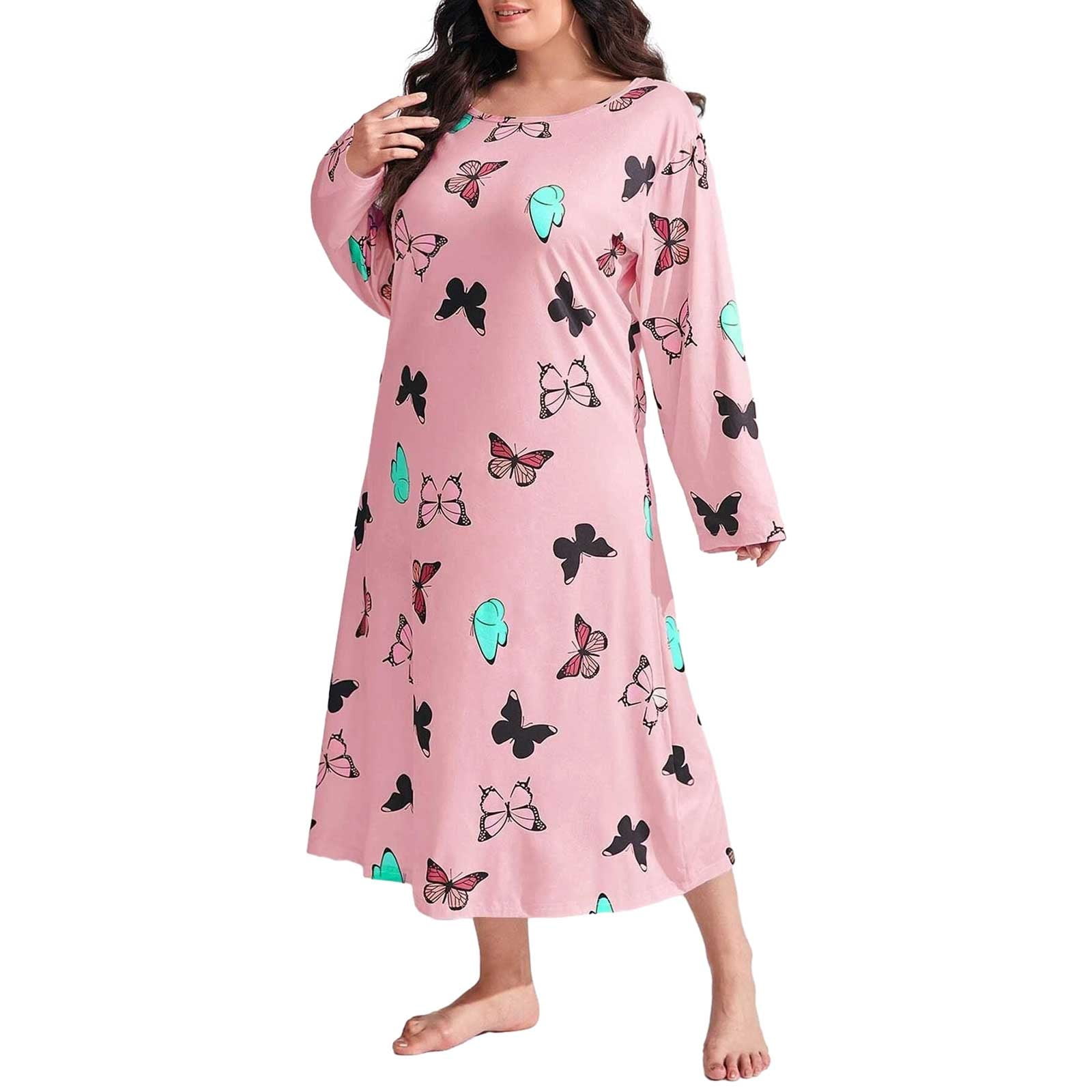 Women Long Sleeve Print Sleepdress Shoulder Drop Oversize Casual Long